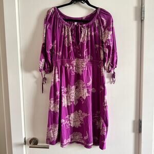 Roots Floral Dress Purple White Elastic Waist Front Button Tie Sleeve Size M